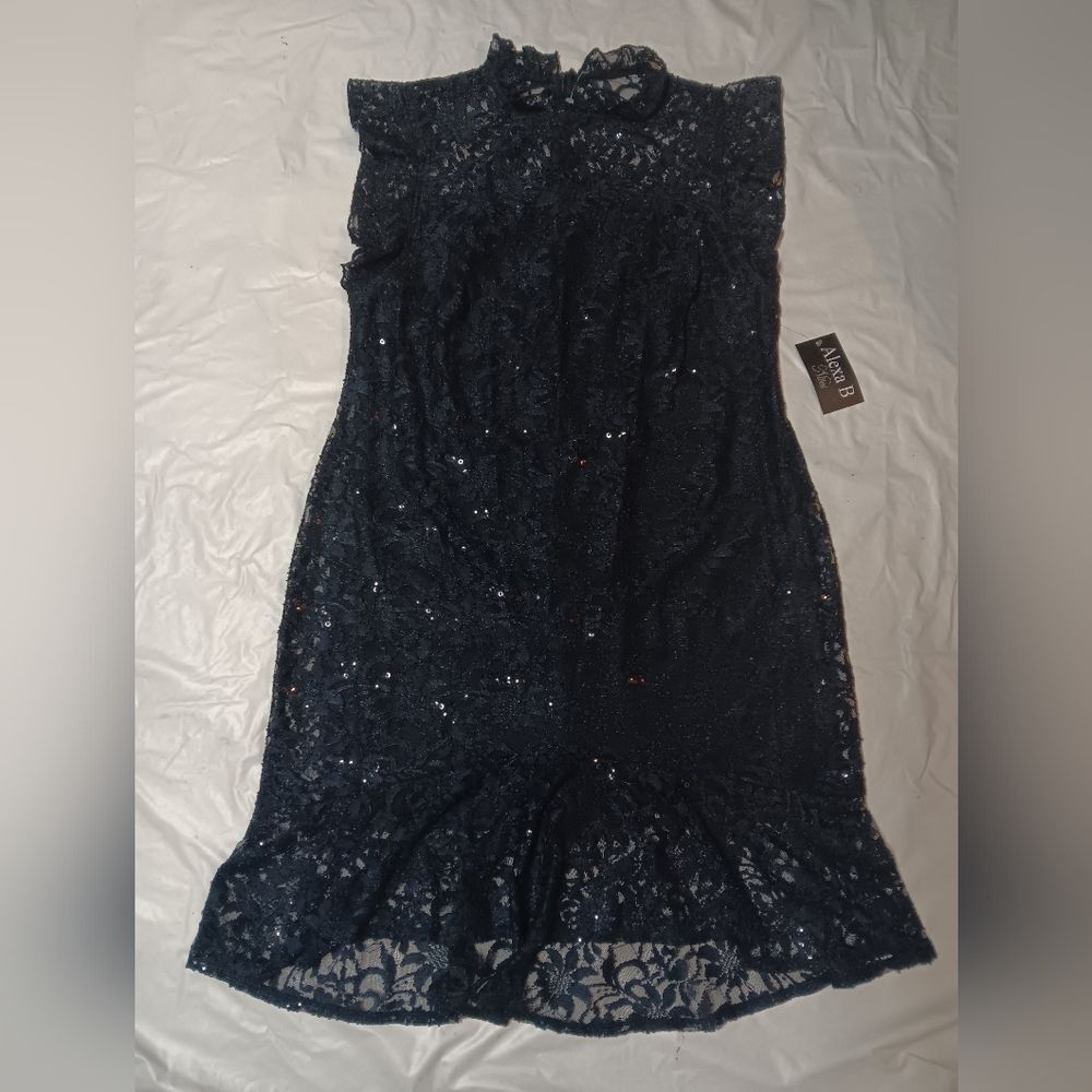 Blue Sleeveless Ruffled Embellished Sheath Midi Dress